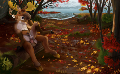anal anal_penetration anthro anthro_on_anthro antlers autumn balls brown_hair chastity_cage chastity_device cloven_hooves detailed_background duo erection genitals hair hooves horn humanoid_genitalia humanoid_penis leaf log male male/male male_penetrated male_penetrating male_penetrating_male nature outside penetration penis plant sex sitting sky tree water wood themutt daxx_(dkmt12) melvin_(momat) cervine deer mammal moose new_world_deer hi_res