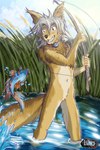 anthro collar female fishing fur hair happy orange_body orange_fur predators river rune runes slave white_hair farfener links azee_(links) shiyan_(links) canid canine canis coyote mammal wolf 2022 colored hi_res textless