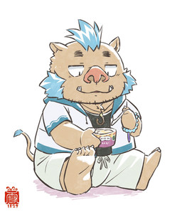 anthro bottomwear brown_body brown_fur chibi clothing food fur hoodie kemono male shirt shorts simple_background sitting slightly_chubby solo topwear white_background yukimushi6 lifewonders tokyo_afterschool_summoners ganglie_(tas) mammal suid suine sus_(pig) wild_boar 2020 hi_res