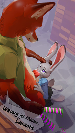 animal_genitalia animal_penis anthro balls bodily_fluids bottomless canine_genitalia canine_penis clothed clothing countershading cum cum_on_face cum_on_penis duo erection female female_anthro fur genital_fluids genitals green_eyes grey_body grey_fur interspecies kneeling knot licking male male/female male_anthro multicolored_body multicolored_fur open_clothing open_shirt open_topwear oral orange_body orange_fur penile penis penis_lick predator/prey purple_eyes red_body red_genitals sex shirt tail text tongue tongue_out topwear two_tone_body two_tone_fur white_body white_fur kai_kamoi disney zootopia judy_hopps nick_wilde canid canine fox lagomorph leporid mammal rabbit red_fox true_fox 9:16 digital_media_(artwork) english_text hi_res