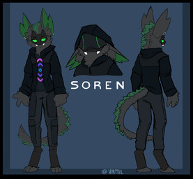 3_toes 4_fingers anthro black_border black_clothing black_hoodie black_topwear border bottomwear clothing feet fingers fluffy fluffy_tail green_eyes hoodie long_ears long_tail male mask nude open_mouth pants shirt solo t-shirt tail teeth toes topwear virteil soren_(tsuki_akurei) synth_(virteil) hi_res model_sheet
