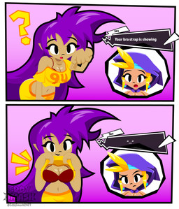 bra breasts clothed clothing clothing_lift crop_top duo eyebrows eyelashes female female/female hair mouth_closed navel open_mouth purple_hair raised_eyebrow raised_eyebrows shirt shirt_lift text topwear underwear eddysmash2407 bra_strap_showing_(meme) shantae_(series) wayforward shantae sky_(shantae) genie human mammal artist_name comic english_text hi_res meme