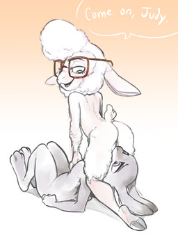 2_toes 3_toes anthro anthro_on_anthro arm_support butt cloven_hooves cunnilingus dialogue duo ears_down eyewear facesitting feet female female/female fur genitals glasses gradient_background green_eyes grey_body grey_fur hooved_plantigrade hooved_toes hooves interspecies light looking_at_another looking_back looking_down lying nude on_back open_mouth open_smile oral pivoted_ears plantigrade purple_eyes rear_view scut_tail sex short_tail simple_background sitting_on_another smile south_pole_position speech_bubble standing straddling tail tan_background teeth text toes vaginal vulva white_background white_body white_fur white_wool wool_(fur) glacierclear disney zootopia dawn_bellwether judy_hopps bovid caprine domestic_sheep european_rabbit lagomorph leporid mammal oryctolagus rabbit sheep 2016 digital_media_(artwork) english_text hi_res lighting