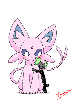 ambiguous_gender black_bottomwear black_clothing black_topwear blue_inner_ear blush bottomwear chain clothed clothing duo eyes_closed feral fluffy fully_clothed fur green_hair grey_body hair hug larger_feral looking_at_another male mohawk open_mouth pink_body pink_ears pink_fur pink_tail purple_eyes simple_background size_difference smile tail topwear white_background conditional_dnp xammyxx nintendo pokemon djinn_(xammyxx) eeveelution espeon generation_2_pokemon pokemon_(species) robloxian 2026 3:4 digital_media_(artwork) hi_res ibispaint_(artwork) shaded signature watermark