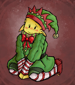 ambiguous_gender bell blush bow_ribbon christmas_clothing clothing hat headgear headwear holidays kneeling legwear not_furry pose simple_background sleeves smile solo stockings deidad_dissitum christmas forsaken_(roblox) roblox noob_(roblox) elf humanoid robloxian hi_res