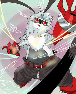 anthro belly belt bottomwear clothing cybernetics female fluffy fluffy_chest fur grey_body grey_fur machine mask mechanical_arm pants red_eyes slightly_chubby solo zipper kureigii_p bandai_namco digimon digimon_beatbreak cyborg digimon_(species) wolvermon hi_res
