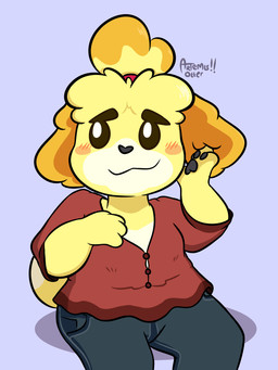 anthro blonde_hair blouse blush blush_lines blush_stickers bottomwear clothed clothing denim denim_bottomwear denim_clothing female fluffy fluffy_ears fluffy_hair fully_clothed fur hair hair_bell hair_bun jeans looking_aside pants sitting smile solo topwear white_body white_fur yellow_body yellow_fur artemis-otter animal_crossing nintendo isabelle_(animal_crossing) canid canine canis domestic_dog mammal shih_tzu toy_dog 2026 3:4 cel_shading digital_media_(artwork) shaded