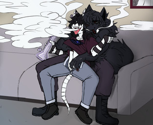 anthro anthro_on_anthro bong clothed clothing clothing_lift drugged drugs duo ear_piercing exhaling_smoke fangs female fingering footwear furniture hair hair_over_eyes industrial_piercing inside long_hair male male/female male_anthro marijuana_blunt on_sofa piercing shirt shirt_lift shoes sitting skinny_anthro skinny_female smoke sofa spread_legs spreading substance_intoxication teeth tongue tongue_out topwear unzipping_pants vaginal vaginal_fingering ringpaw canid canine mammal murid murine rat rodent species_request hi_res