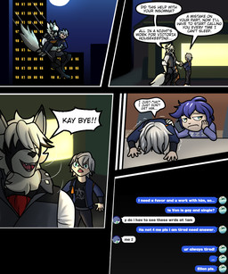 anthro arm_support blush bodily_fluids carrying_another carrying_partner chibi city city_background clothed clothing crying dialogue eye_patch eyewear frown fully_clothed fur grey_hair group hair hand_holding leaning_on_elbow moon night open_mouth open_smile outside prosthetic prosthetic_leg prosthetic_limb purple_hair smile speech_bubble tears text texting white_body white_fur trashbadger mihoyo zenless_zone_zero belle_(zenless_zone_zero) ellen_joe von_lycaon wise_(zenless_zone_zero) canid canine canis human mammal thiren wolf 5:6 comic english_text hi_res multiple_scenes