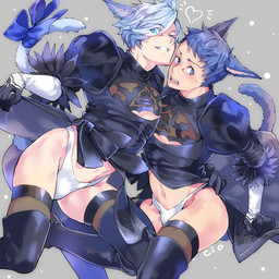 accessory blue_eyes blue_hair bow_(feature) bow_accessory bow_ribbon clothed clothing clothing_lift crossdressing dress dress_lift duo furgonomics gloves hair handwear heart_symbol legwear male navel panties ribbons tail tail_accessory tail_bow tail_ribbon thigh_highs underwear siomizu7777 final_fantasy final_fantasy_xiv square_enix animal_humanoid cat_humanoid felid felid_humanoid feline feline_humanoid humanoid mammal mammal_humanoid miqo'te 1:1 2019