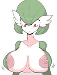 areola big_breasts breasts clothed clothing female huge_breasts looking_down nipple_outline nipple_slip nipples not_furry partially_clothed simple_background solo white_background fufucatu nintendo pokemon gardevoir generation_3_pokemon pokemon_(species) hi_res