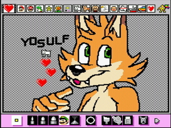5_fingers anthro fangs fingers fur green_eyes grey_background heart_symbol looking_at_viewer male open_mouth orange_body orange_fur screencap simple_background solo teeth text rodricoro mario_paint yosulf canid canine canis domestic_dog fox mammal bust_portrait digital_media_(artwork) dithering mario_paint_(artwork) portrait