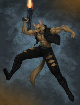 abs anthro athletic belt biceps biped boots bottomwear brown_body brown_fur clothed clothing fangs footwear fur gun jacket looking_at_viewer male muscular muscular_anthro open_clothing open_mouth open_shirt open_topwear orange_eyes pants pecs pose ranged_weapon shirt shoes solo standing submachine_gun tail teeth tongue topwear torn_clothing vest warrior weapon unknown_artist canid canine canis coyote mammal source_request