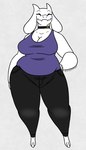 anthro barefoot big_breasts biped black_bottomwear black_clothing black_pants bottomwear breasts choker cleavage clothed clothing curvy_figure eyes_closed feet female front_view fur grey_background hand_on_hip horn jewelry long_ears mature_anthro mature_female necklace pants simple_background sleeveless_shirt slightly_chubby slightly_chubby_anthro slightly_chubby_female smile solo standing thick_thighs white_body white_fur wide_hips nerdyreindeer undertale_(series) toriel boss_monster_(undertale) bovid caprine goat mammal 2024 full-length_portrait hi_res portrait signature