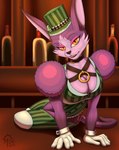 anthro boots bottle bottomless breasts clothed clothing collar container corset eyeshadow female fluffy_shoulders footwear fur garter_straps gloves handwear hat headgear headwear legwear lingerie makeup pink_eyeshadow pupils purple_body purple_fur shoes slit_pupils solo thigh_boots thigh_highs top_hat topwear vest white_body white_fur yellow_eyes sacrificabominat .hack cyberconnect2 mia_(.hack) domestic_cat felid feline felis mammal hi_res