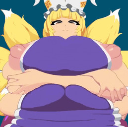 aureola big_breasts breasts duo female glistening huge_breasts hyper hyper_breasts male male/female yado_taityou touhou yukari_yakumo human mammal animated