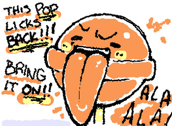 ambiguous_gender armless black_eyes black_text blush candy dessert dialogue exclamation_point eyebrows food legless lollipop long_tongue noseless not_furry open_mouth orange_body orange_tongue simple_background simple_eyes solo squigglevision text tongue tongue_out white_background yellow_blush ligma_(artist) animate_inanimate food_creature 2025 animated digital_media_(artwork) english_text flat_colors handwritten_text low_res wigglypaint_(artwork)