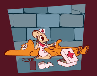 anthro balls clothed clothed/nude clothed_anthro clothed_female clothing comic_panel duo female genitals half-erect headgear headwear male male/female medical_instrument nude nude_anthro nude_male nurse_clothing nurse_headwear orange_balls orange_body orange_penis pawpads penis scientific_instrument spiral spiral_eyes stethoscope vanilla_candy unicorn_blood_(comic) mammal mouse murid murine rodent comic hi_res restricted_palette