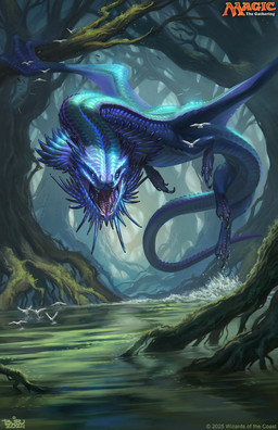 ambiguous_gender black_claws blue_body blue_eyes claws detailed_background feral flying forest lake open_mouth outside plant sharp_teeth solo tail teeth text tree water brian_valeza hasbro magic:_the_gathering mythology wizards_of_the_coast ambient_bird dragon mythological_creature mythological_scalie scalie 2024 absurd_res digital_media_(artwork) english_text hi_res official_art