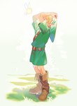 belt blonde_hair boots clothing duo footwear grass hair hat headgear headwear humanoid_pointy_ears light_body light_skin male not_furry plant pointy_ears shirt shoes topwear tunic wings uzucake nintendo ocarina_of_time the_legend_of_zelda navi young_link fairy humanoid hylian