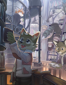 anthro book brown_eyes clothed clothing detailed_background eating fangs food fur group hair head_tuft holding_book holding_food holding_object holding_sandwich inside ladder library male male_anthro open_mouth orange_eyes orange_hair red_tongue sandwich_(food) short_hair sitting standing tan_body tan_fur teeth tongue tuft white_body white_fur yellow_body yellow_fur young young_anthro young_male kuttoyaki mythology kutto canid canine dragon furred_dragon furred_scalie mammal mythological_creature mythological_scalie scalie absurd_res hi_res