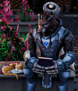 anthro armor book flower male outside petals plant sitting sleeping solo perromalo blizzard_entertainment warcraft canid domestic_cat felid feline felis mammal werecanid werecreature worgen hi_res