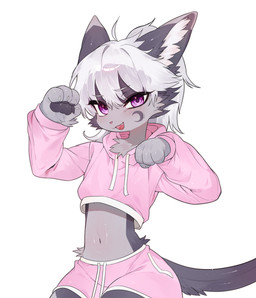adolescent anthro blush bottomwear clothed clothing cropped_hoodie crossdressing crossdressing_male cute_fangs fangs femboy fur grey_body grey_fur grey_hair hair looking_at_viewer male male_anthro midriff navel open_mouth paw_pose pink_eyes pose shorts simple_background solo tail teeth tongue white_background young young_anthro young_male kid094ff crescen_(crescencat) domestic_cat felid feline felis mammal 2025 digital_media_(artwork) hi_res
