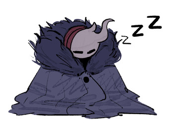 ambiguous_gender bandage bandaged_head button_(fastener) cloak clothing eyes_closed fluffy fluffy_clothing grey_cloak grey_clothing horn oversized_clothing sleeping solo unknown_artist hollow_knight_(franchise) team_cherry broken_vessel_(hollow_knight) arthropod vessel_(species)