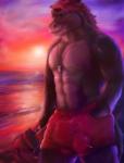 abs anthro beach biceps blue_eyes bottomwear brown_body brown_fur brown_skin bulge clothed clothing cloud detailed_background fur grin hair hand_in_pocket holding_object jewelry looking_at_viewer male muscular muscular_anthro muscular_male necklace nipples outside pockets red_hair sand seaside shorts sky smile snout solo standing sunset swimming_trunks swimwear topless water killianwalker jodira equid equine horse mammal 2018 absurd_res hi_res