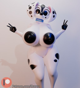 anthro big_breasts big_ears black_spots breasts double_v_sign erect_nipples female fur genitals gesture hand_gesture huge_breasts huge_thighs looking_at_viewer markings nipples solo spots spotted_body spotted_fur thick_thighs v_sign vulva white_body white_fur wide_hipped_anthro wide_hipped_female wide_hips fharen 101_dalmatian_street 101_dalmatians disney dee_dee_(101_dalmatians) canid canine canis dalmatian domestic_dog mammal 3d_(artwork) absurd_res digital_media_(artwork) hi_res