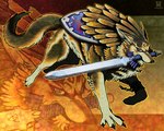 blue_eyes claws digitigrade feral fur hylian_shield male master_sword melee_weapon quadruped shield solo sword sword_in_mouth tail triforce weapon amada nintendo the_legend_of_zelda link_(wolf_form) canid canine canis mammal wolf 2012 signature