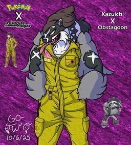 anthro beanie cheek_tuft clothing facial_tuft hand_in_pocket hat headgear headwear jumpsuit male multicolored_body pink_eyes pockets shoulder_guards snout solo tongue tongue_out tuft go-two danganronpa danganronpa_2 nintendo pokemon spike_chunsoft kazuichi_soda generation_8_pokemon mammal obstagoon pokemon_(species) procyonid raccoon absurd_res hi_res