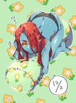 all_fours blue_body blue_skin female fin floral_background hair hug hugging_object hugging_pillow looking_at_viewer pillow red_hair solo pugthe2ro undertale undertale_(series) flowey_the_flower undyne animal_humanoid fish fish_humanoid humanoid marine marine_humanoid hi_res