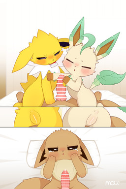 animal_genitalia animal_penis anus bed black_nose blush blush_lines bodily_fluids brown_body brown_ears brown_fur brown_tail canine_genitalia canine_penis censor_bar censored_anus censored_genitalia censored_penis censored_vulva condom condom_in_mouth erection female feral fur furniture genital_fluids genitals green_body green_ears green_fur green_tail group knot knotted_penis lying male mouth_hold object_in_mouth on_back on_bed paws penis pillow precum sexual_barrier_device tail tan_body tan_fur teary_eyes trio vaginal_fluids vulva white_body white_fur yellow_body yellow_ears yellow_fur moudefo nintendo pokemon canid canine eevee eeveelution generation_1_pokemon generation_4_pokemon jolteon leafeon mammal pokemon_(species) 2026 absurd_res censored comic hi_res