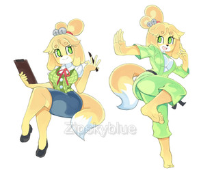 5_toes anthro barefoot belt black_belt bottomwear breasts clothing crossed_legs feet female fighting_pose footwear green_clothing green_eyes humanoid_feet humanoid_hands keikogi martial_arts_uniform office_clothing plantigrade pose shoes simple_background skirt solo sportswear tail tiptoes toes white_background zipskyblue animal_crossing nintendo isabelle_(animal_crossing) canid canine canis domestic_dog mammal shih_tzu toy_dog watermark