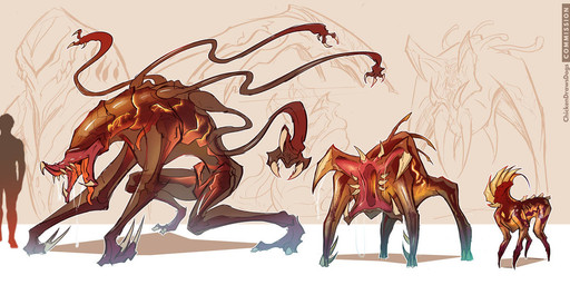 4_tentacles ambiguous_gender brown_body carapace claws digitigrade evolution eyeless fangs feral glowing_veins group orange_glow quadruped red_body red_skin size_reference sketch_background teeth tentacle_claws tentacles trio unusual_anatomy unusual_mouth wide-open_mouth chickendrawsdogs alien monster signature sketch