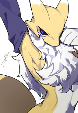 ambiguous_gender anthro armwear black_sclera blue_eyes clothing dipstick_ears ear_markings exposed_armpit fur glistening multicolored_ears neck_tuft raised_arm solo tuft white_body white_fur yellow_body yellow_fur kokokokokodari bandai_namco digimon canid digimon_(species) mammal renamon 2025 hi_res