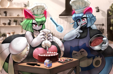 baking big_breasts black_eyeshadow blue_hair breasts bulging_breasts cake container cooking curvy_figure dessert duo egg eyelashes eyeshadow female food green_hair hair holding_object huge_breasts hyper hyper_breasts inside makeup milk_carton milk_container not_furry photo_background red_eyes short_hair standing thick_thighs voluptuous white_body white_skin wide_hips yboon nintendo pokemon ellen_(djthepokemen) ellia_(yboon) generation_3_pokemon humanoid kirlia pokemon_(species) hi_res photography_(artwork)