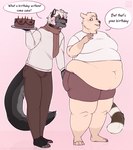 anthro belly big_belly big_butt black_body black_fur black_nose bottomwear brown_bottomwear brown_clothing brown_eyes brown_pants butt cake clothing dessert dialogue eye_contact female food fur grey_body grey_fur hair looking_at_another male open_mouth overweight overweight_anthro overweight_female pants paws purple_clothing purple_eyes purple_underwear scarf shirt short_hair smile standing t-shirt teeth text thick_thighs topwear underwear white_clothing white_hair white_shirt white_topwear wide_hips aucherr canid canine canis mammal procyonid raccoon wolf 2024 absurd_res english_text hi_res