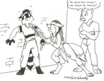 4_fingers 4_toes against_surface against_wall anthro bodily_fluids bottomwear braided_hair breastless_clothing breasts brick_wall cargo_pants claws cleavage clothed clothing crossed_arms digitigrade dipstick_tail ears_back eye_contact feet female fingers gloves_(marking) group hair holding_object holding_weapon knife leg_markings loincloth looking_at_another male markings medium_breasts melee_weapon nipples pants partially_clothed pivoted_ears polearm shirt short_hair simple_background snarling socks_(marking) spear speech_bubble standing striped_markings striped_tail stripes sweat sweatdrop t-shirt tail tail_markings text toe_claws toes topwear tribal trio wall_(structure) weapon white_background eric_schwartz canid canine canis cougar felid feline mammal procyonid raccoon wolf 2010 english_text marker_(artwork) monochrome signature traditional_media_(artwork)