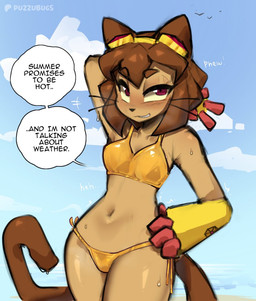 anthro armor bikini bikini_bralette bodily_fluids breasts brown_ears brown_hair brown_tail clothing cloud eyebrows eyewear eyewear_on_head female gauntlets gloves goggles goggles_on_head hair hand_on_hip handwear looking_at_viewer solo sweat swimwear tail tan_body text two-piece_swimsuit whiskers puzzubugs gameoverse glitch_productions kit_bodega domestic_cat felid feline felis mammal english_text