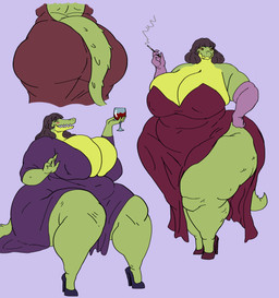alcohol anthro armwear backless_dress belly beverage big_breasts big_butt biped blush breasts brown_hair butt butt_shot cigarette classy claws cleavage cleavage_overflow clothed clothing container cup dress drinking_glass elbow_gloves fangs fat_arms female footwear glass glass_container glass_cup gloves green_body green_scales hair hand_on_hip handwear high_heels holding_beverage holding_glass holding_object huge_breasts huge_butt huge_hips hyper laugh long_hair multicolored_body navel_outline nipple_outline non-mammal_breasts obese obese_anthro obese_female open_mouth open_smile overweight overweight_anthro overweight_female purple_background rear_view scales shoes simple_background sitting slit_dress smile solo standing tail teeth thick_thighs thin_eyebrows tight_clothing wide_hips wine wine_glass vixencurie miranda_(vixencurie) crocodilian reptile scalie absurd_res full-length_portrait hi_res multiple_images portrait smaller_version_at_source