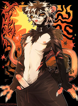 abstract_background alternative_fashion anthro black_background bottomwear bottomwear_pull brown_body brown_fur clothing clothing_pull collar ear_piercing ear_ring emo erection femboy fur genitals grin humanoid_genitalia humanoid_penis male male_anthro nipples orange_background pants pants_pull penis piercing pubes ring_piercing sharp_teeth simple_background slim_anthro slim_male smile solo standing sweatpants teeth white_body duncedogs aurora_skull american_opossum mammal marsupial hi_res