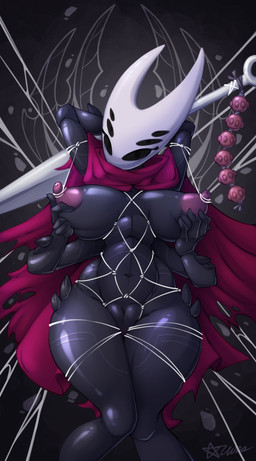 5_fingers 6_eyes anthro black_body breasts female fingers genitals hand_on_breast hornet's_needle looking_at_viewer multi_eye nipples non-mammal_breasts non-mammal_nipples solo spikes spikes_(anatomy) vulva azura_inalis hollow_knight_(franchise) team_cherry hornet_(hollow_knight) arthropod 2025 absurd_res hi_res
