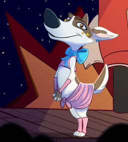 anthro brown_eyes clothing dress ear_piercing female looking_at_viewer neck_bow piercing solo stage wugi space_dogs strelka canid canine canis domestic_dog mammal 2021 hi_res