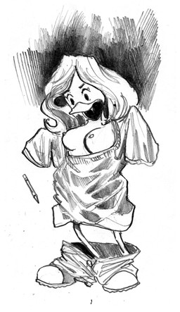 anthro avian_feet beak bottomless breasts clothed clothing female gender_transformation hair long_hair nipples open_mouth oversized_clothing partially_clothed shrinking simple_background size_transformation solo toony transformation white_background cluedog anatid anseriform avian bird duck absurd_res black_and_white graphite_(artwork) hi_res monochrome traditional_media_(artwork)