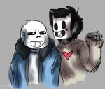 blush bone clothed clothing duo grin heart_symbol jacket male mask skeleton smile sweater topwear funikistune off_(game) undertale undertale_(series) sans_(undertale) zacharie_(off) animal_humanoid animated_skeleton cat_humanoid felid felid_humanoid feline feline_humanoid human humanoid mammal mammal_humanoid undead crossover