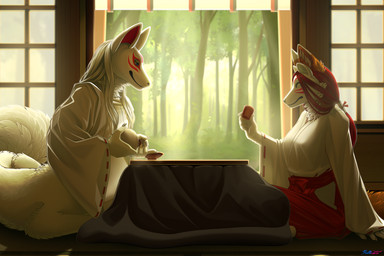 anthro asian_clothing biped black_claws claws clothing container cup detailed_background dipstick_ears duo ear_markings east_asian_clothing female finger_claws fingers fluffy fluffy_tail fur hair holding_container holding_cup holding_object japanese_clothing long_hair long_tail male mask miko_outfit multicolored_ears orange_ears plant red_hair side_view sitting tail tree white_body white_fur white_hair white_tail yukata conditional_dnp ratte ko-fi patreon canid canine fox fox_spirit mammal taur 2025 3:2 digital_media_(artwork) hi_res signature watermark