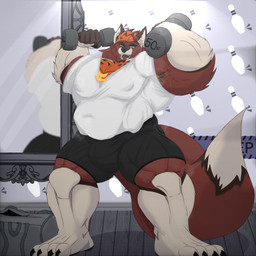 anthro armpit_hair big_muscles bodily_fluids body_hair claws exercise huge_muscles male musclegut muscular muscular_anthro muscular_male overweight slightly_chubby solo steam steaming_body sweat sweaty_armpit toe_claws tongue tongue_out weightlifting weights workout mrnightmares maestro_peacewalker_(maestrofox) canid canine fox mammal 1:1 hi_res