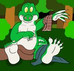 alligator alligatorid anthro clothing cregon crocodile crocodilian discarded_clothing feet flat_colors foot_focus forest green_body hi_res humanoid_feet jolly_the_lizard male multicolored_body nipples plant plantigrade reptile scalie solo tree two_tone_body white_body